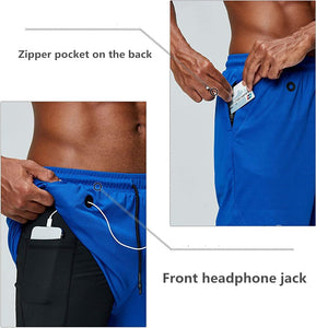 Men's music shorts 2 in 1 running shorts security pockets shorts quick drying sports shorts built-in pockets hip zipper pockets